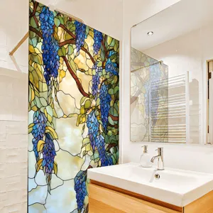 Decorative stained glass window film wisteria static cling privacy sticker for bathroom home
