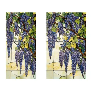 Stained glass window film detail showing purple wisteria flowers pattern, elegant home decor.