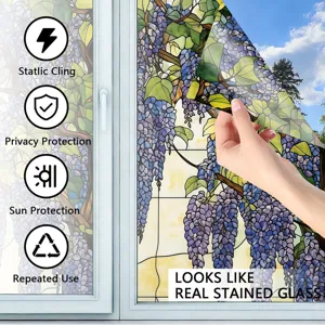 Static cling window privacy film featuring beautiful wisteria stained glass pattern for home decor.