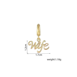 Gold color "wife" letter pendant charm accessory, delicate jewelry detail shot, 1.7x1.2cm.