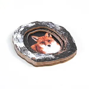 Wooden tree hole fox photo frame fridge magnet, cute animal home decor magnetic craft.