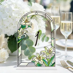 Acrylic wedding table number sign with floral stained glass arch design for party decor.