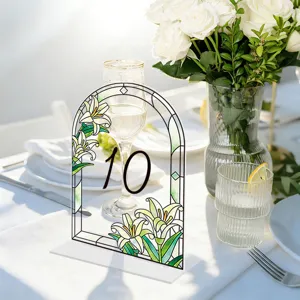 Acrylic table number sign with stained glass lily design, perfect for wedding and party decor.