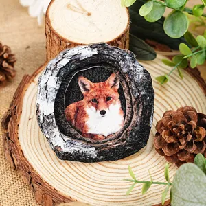 Wooden tree hole fox photo frame fridge magnet detail view, rustic nature home decor accessory.