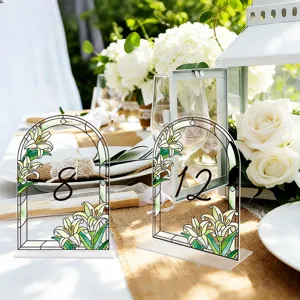 Acrylic wedding table number sign with stained glass lily design, perfect decor for reception.