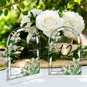 Acrylic arched table number sign detail, beautiful stained glass lily wedding decor piece.