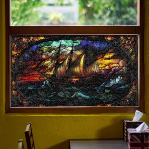 3D Buntglas Fensterfolie mit Segelschiff Design, statische dekorative Glasaufkleber für Haus Deko.