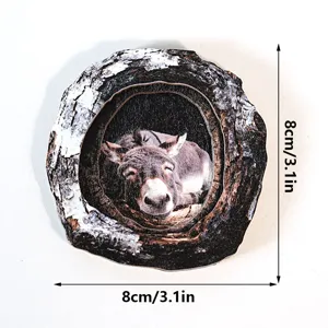 Wooden donkey tree hole fridge magnet detailed view showing size and lovely animal pattern.