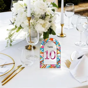 Acrylic table number sign with stained glass border, perfect for wedding party table decor.