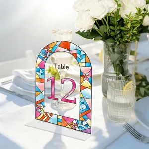 Acrylic arched table number sign detail stained glass wedding party desktop decor closeup