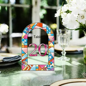 Acrylic wedding table number sign with stained glass floral arch design, ideal for party decor.
