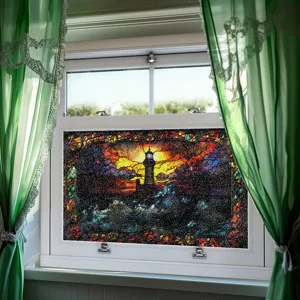 3D Bemalte Fensterfolie Leuchtturm Wellen Sichtschutzfolie Statische Glasaufkleber