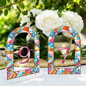 Stained glass acrylic table number sign detail view, ideal for wedding decor.