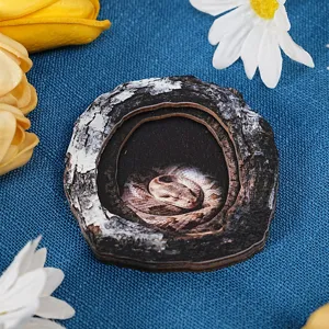 Wooden tree hole snake magnetic sticker detail close-up, premium craft home decor.