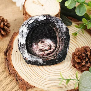 Wooden tree hole animal magnetic decor craft, detailed close-up view for home decoration.