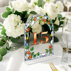 Acrylic wedding table number sign 15, stained glass style arch tabletop decor for party.