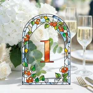 Stained glass acrylic table number sign for wedding party decor, elegant arch floral design.