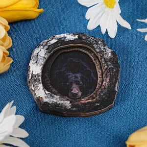 Wooden tree hole black bear magnetic sticker detail view, perfect for home fridge decoration craft.