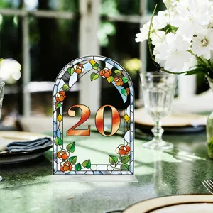 Acrylic table number sign with stained glass floral arch design, perfect for wedding party decor.