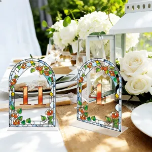 Acrylic wedding table numbers stained glass arch floral design party desktop number sign 2pcs