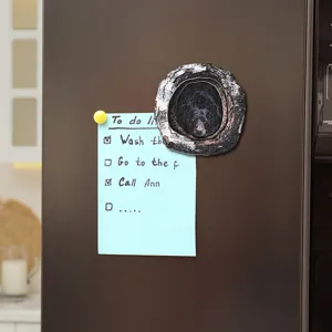 Wooden animal tree hole fridge magnet, cute bear design refrigerator sticker for home decor detail.