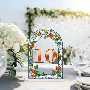 Acrylic table number sign with stained glass floral arch design, perfect for wedding party decoration.