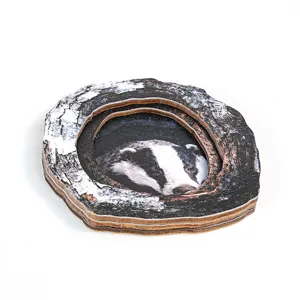 Wooden badger tree hole fridge magnet decorative picture frame detail close-up view.