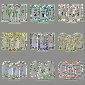 Clear Acrylic Wedding Table Number Signs Stained Glass Floral Design Table Numbers For Party Event Centerpieces Decor
