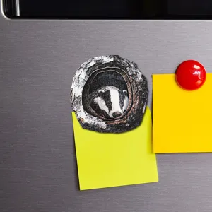 Wooden tree hole badger fridge magnet detail closeup, magnetic home decor sticker.
