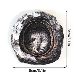 Wooden tree hole cat fridge magnet for home decor, cute animal design magnetic craft detail view.