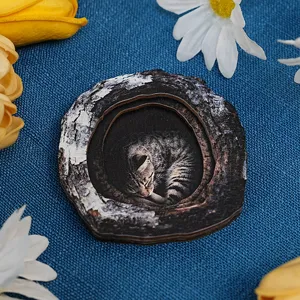 Wooden tree hole cat magnetic sticker home decor, cute animal photo frame fridge magnet craft.