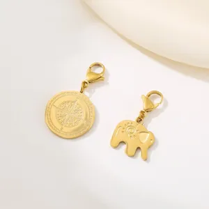 Gold stainless steel compass and elephant charms with lobster clasps for DIY jewelry making accessories.
