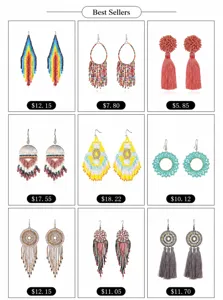Set di orecchini pendenti con nappe di perline colorate in stile bohémien alla moda.