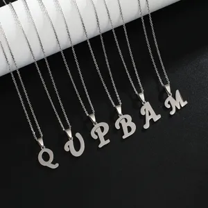 Stainless steel alphabet pendant necklace for women, stylish minimalist initial chain jewelry.