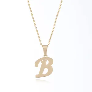 Stainless steel letter B pendant necklace detail, versatile gold tone clavicle chain.