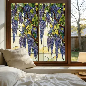 Decorative window film featuring a stained glass wisteria flower design for home decor scenes.