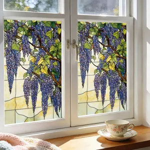 Stained glass wisteria window film, static cling decorative glass sticker for home decor.