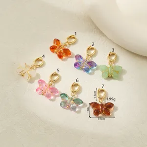 Colorful glass butterfly pendants with gold clasps, DIY jewelry accessories set, detailed size view.