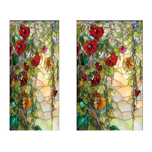 Stained glass window film detail featuring colorful floral vine art and electrostatic design.