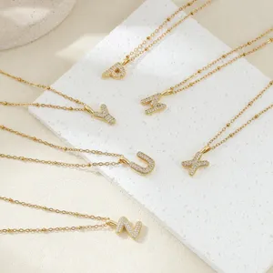 Stainless steel 26 letter pave rhinestone pendant necklace minimalist gold clavicle chain.