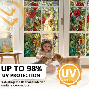 Stained glass window film with vibrant floral pattern, static cling, and UV protection.