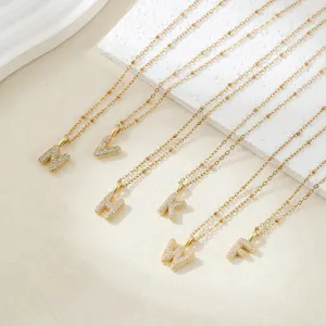 Stainless steel initial letter pendant necklace, elegant pave cubic zirconia clavicle chain jewelry.
