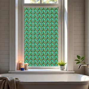 Gedetailleerd zicht op 3D-gegoten glas-in-lood raamfolie met groen waaierpatroon voor thuis.