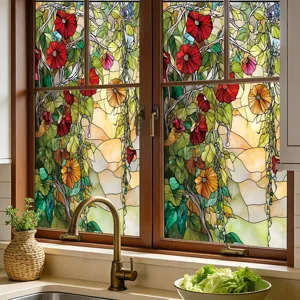 Decorative stained glass window film with vibrant floral vine pattern for home privacy protection.