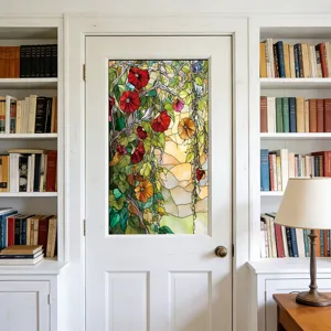 Stained glass window film featuring floral vine pattern for home decor application.