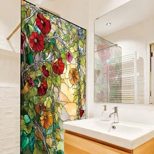 Decorative stained glass window film for home privacy and floral art aesthetic interior design.
