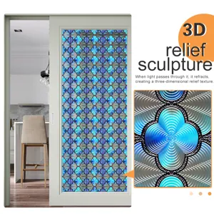 3D reliëf glas raamsticker decoratieve folie met blauw bloemenpatroon detailweergave