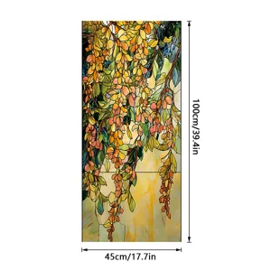 Detailed view of stained glass window film with vibrant floral and botanical vine patterns.