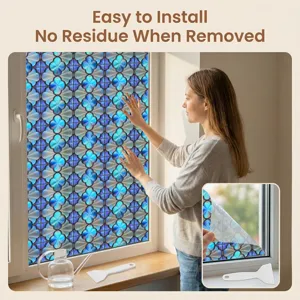 Decoratieve 3D enbossed statische raamfolie met klassiek blauw bloemenpatroon voor huisprivacy.