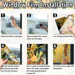 Close-up detail showing the step-by-step installation guide for stained glass window film.